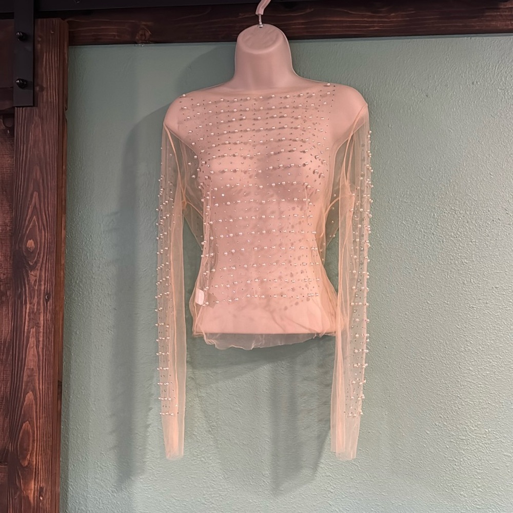 Sheer rhinestone and pearl shirt